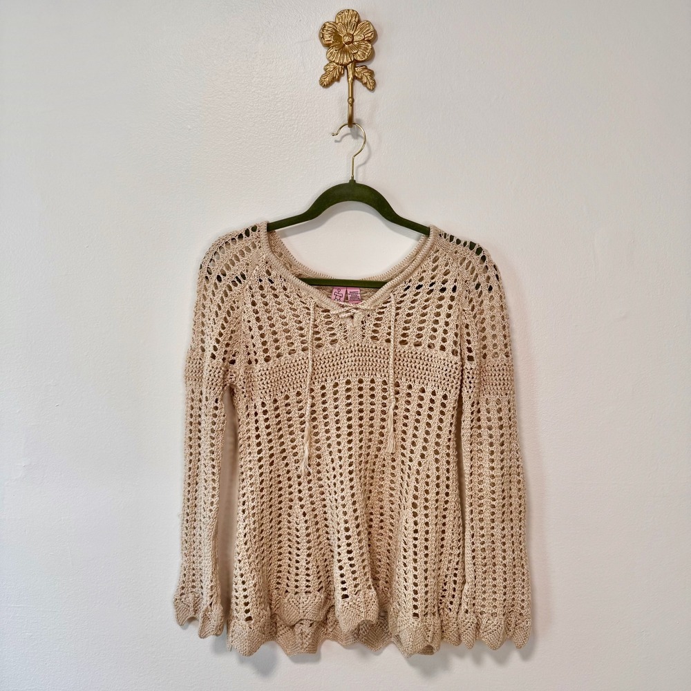 Fairycore Y2K Tan Crochet Open Knit Lace Up Boho Sweater M Cottagecore Festival
